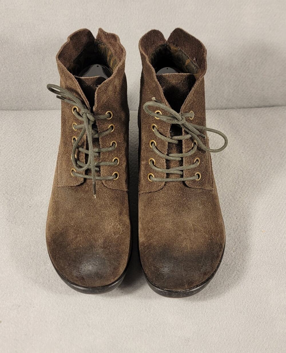 FLY London Womens Suede Lace Up Ankle Boots Size 39 US 8-8.5 Brown Wedge Heeled